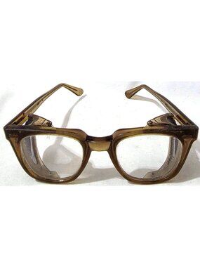 AI SAFETY GLASSES w/ mesh screen shields VINTAGE 1960s 1970s smoky gray horn rim